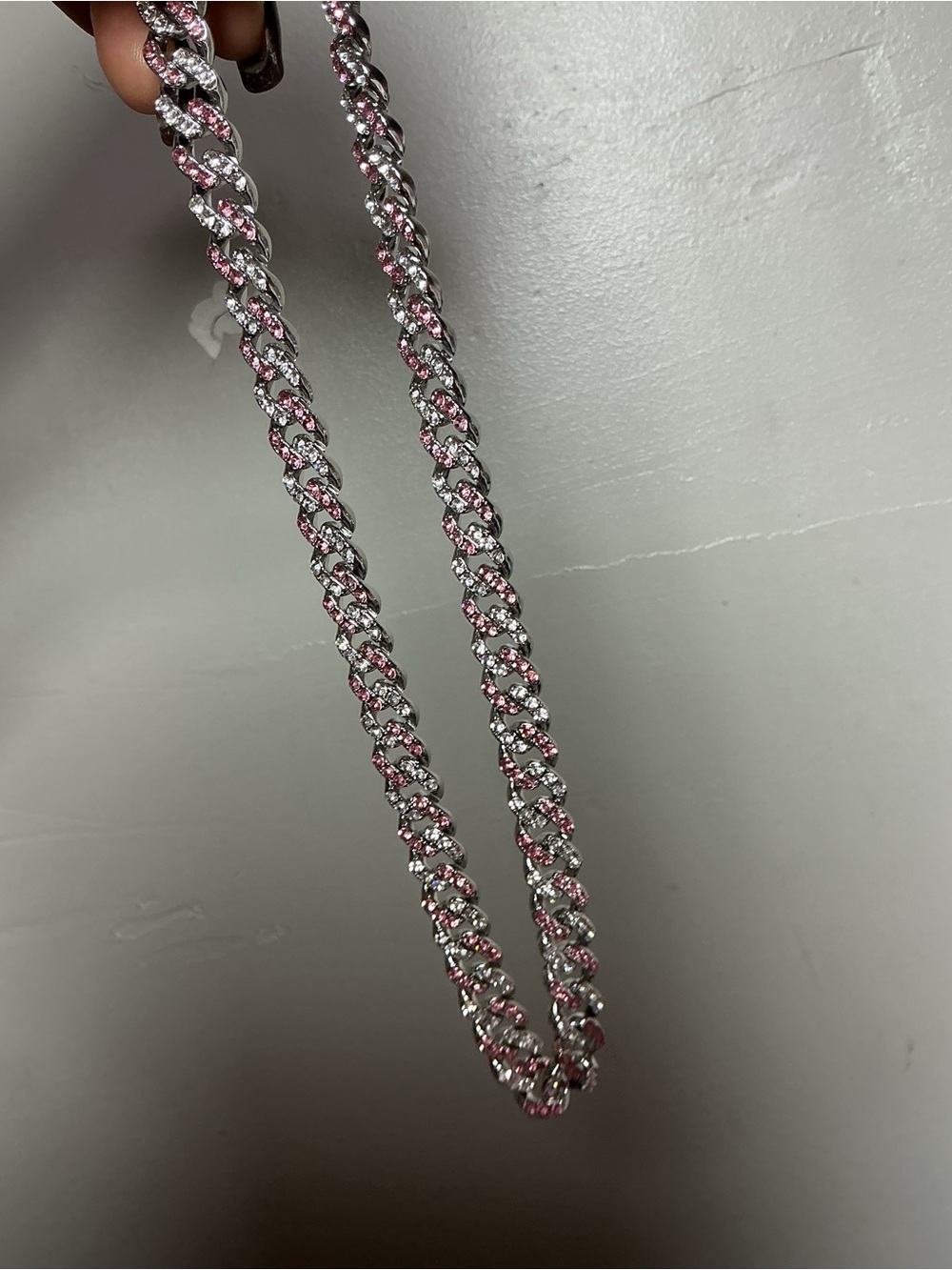 Silver Cuban Link Necklace with Pink Crystal Detailing